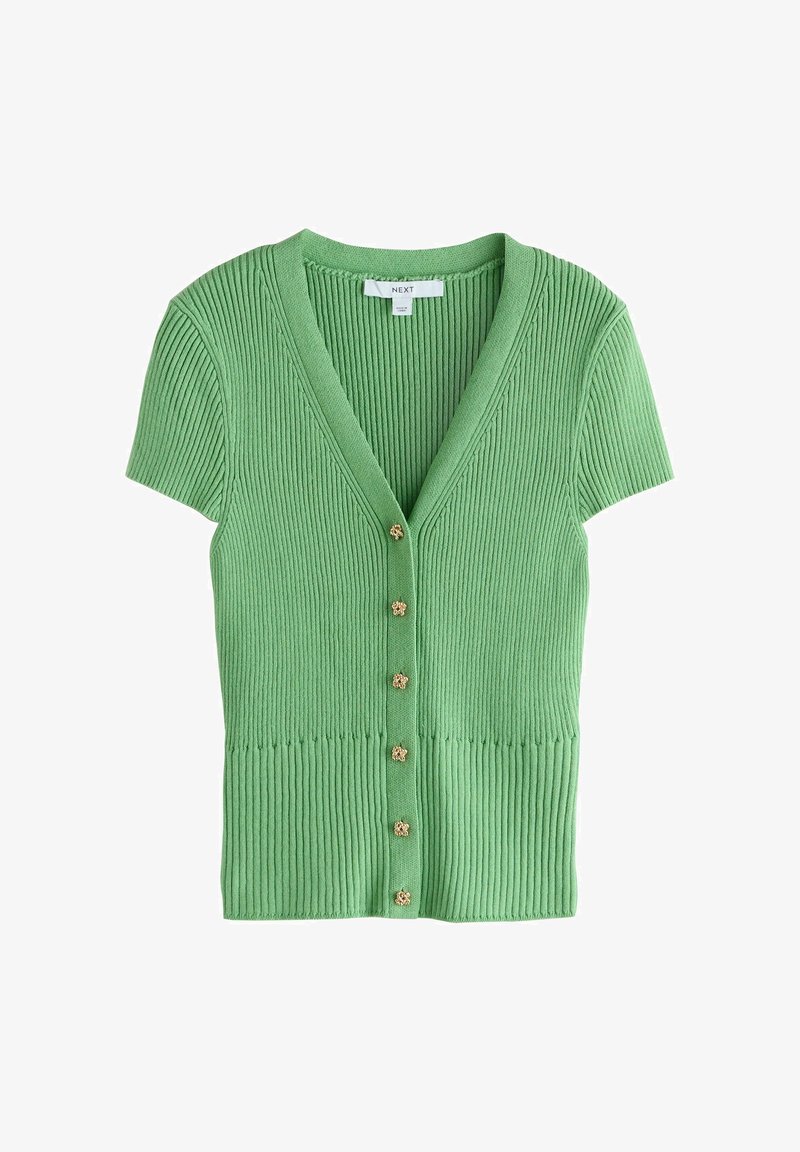 Cardigan vert côtelé à manches courtes avec col en V et six boutons floraux dorés sur le devant, présenté à plat sur fond blanc.