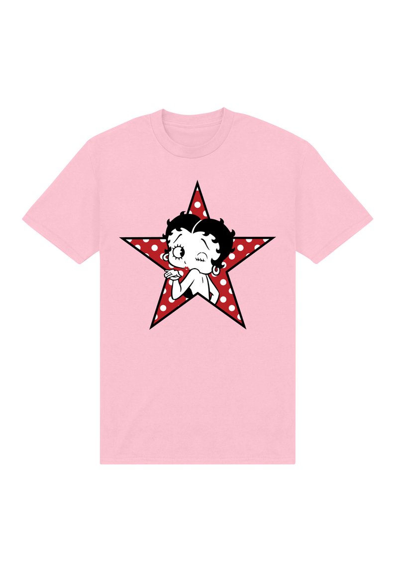 Světle růžové bavlněné tričko s černobílou ilustrací postavy umístěnou uvnitř červené hvězdy s bílými puntíky.