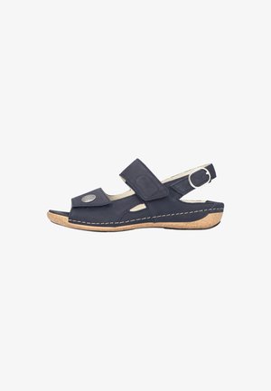 Sandalo blu navy con punta aperta con due cinturini regolabili, fibbia argentata sul cinturino del tallone e suola con texture in sughero.