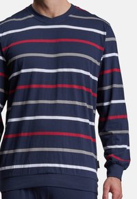 Marineblaues Langarmshirt mit horizontalen Streifen in Rot, Weiß und Grau. Weiches Baumwollmaterial mit Rundhalsausschnitt und gerippten Bündchen. Einfaches Design.