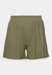 Shorts côtelés vert olive avec une coupe décontractée, dotés d'une taille élastique et de fentes sur les côtés pour faciliter le mouvement.