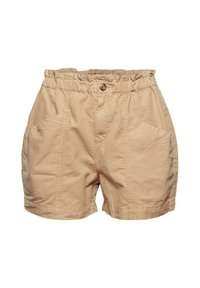 Shorts beiges décontractés avec taille élastique, fermeture par bouton et poches avant en biais, en tissu léger.