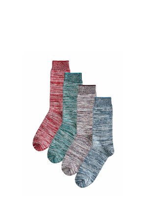 Vier Paar melierte Kniestrümpfe in Rot, Grün, Beige und Blau, nebeneinander auf einem weißen Hintergrund angeordnet.