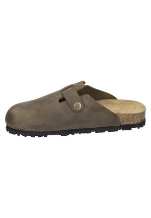 Brown leather clogs with a rounded toe, cork footbed, a side strap, and a textured rubber sole for grip. Open back design for easy wear.