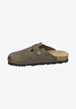 Brown leather clogs with a rounded toe, cork footbed, a side strap, and a textured rubber sole for grip. Open back design for easy wear.