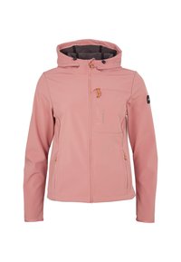 Giacca softshell rosa con cappuccio, apertura frontale con zip e tasca sul petto. Presenta dettagli scuri e coulisse regolabili. Texture liscia.