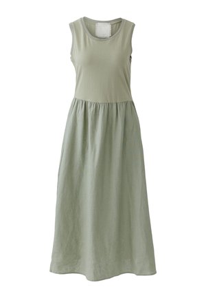 Robe sans manches vert clair avec corsage en jersey ajusté et jupe en lin froncée, longueur midi, encolure ronde, bordure côtelée.