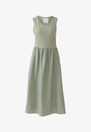 Ärmelloses hellgrünes Kleid mit tailliertem Jersey-Oberteil und gesammeltem Leinenrock, Midi-Länge, runder Ausschnitt, gerippte Einfassung.