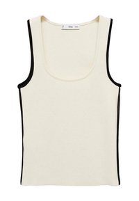 White ribbed tank top with black piping along the edges and scoop neckline. Made from a stretchy fabric, featuring no additional patterns or hardware.
