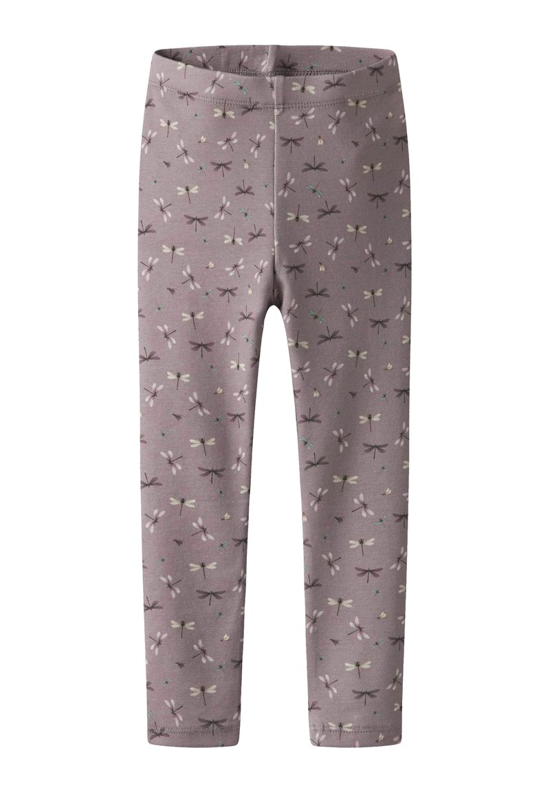 Leggings realizzati in morbido tessuto, caratterizzati da uno sfondo lilla e un motivo di libellule in toni tenui. Vita elastica per il massimo comfort.