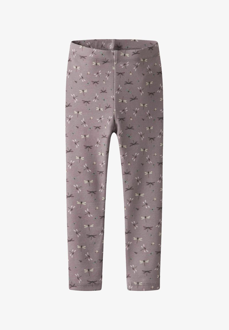 Puha anyagból készült leggings, lila háttérrel és tompa színekben megjelenő szitakötő mintával. Kényelmes gumis derékpánt.