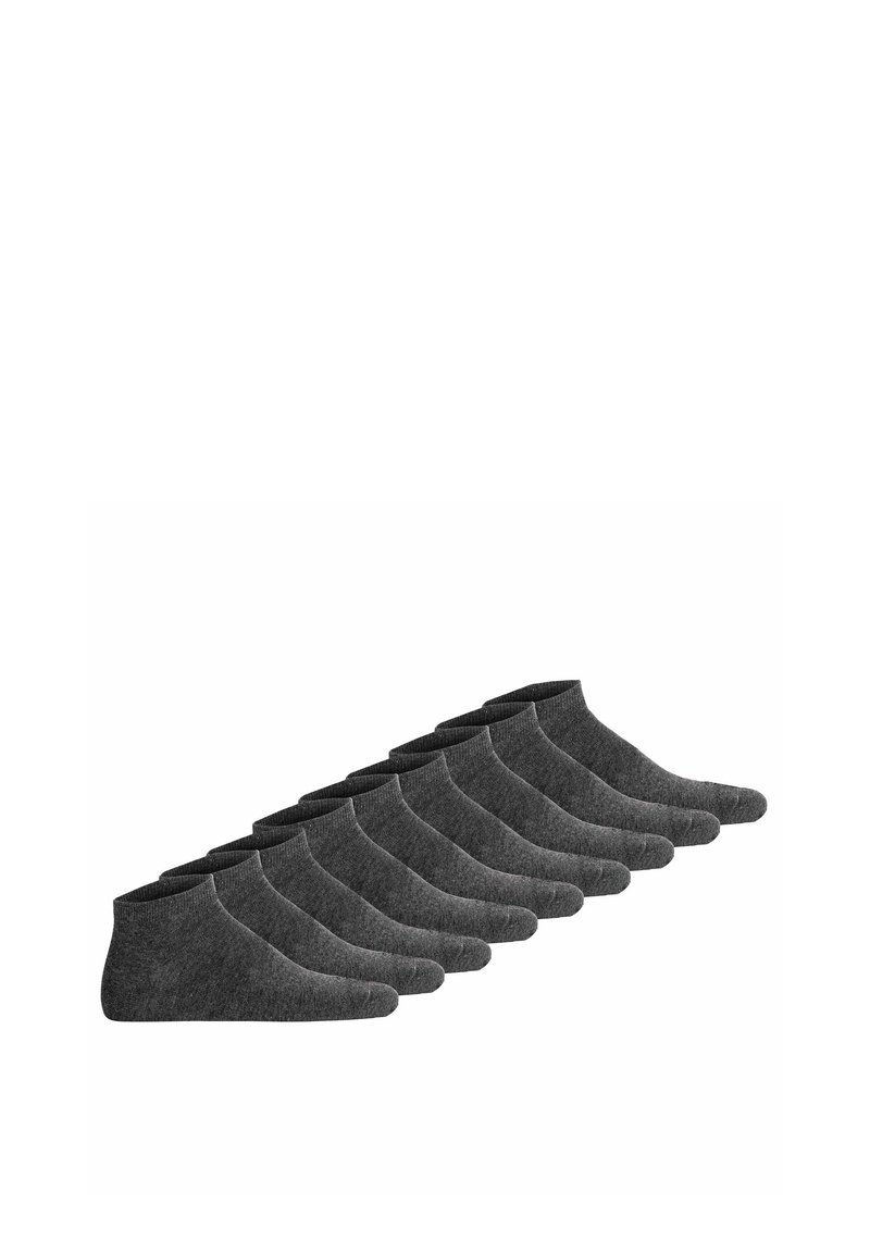 Grau Ankle-Socken, die in einer Reihe angeordnet sind, mit einer weichen Textur und elastischen Bündchen für einen sicheren Sitz. Neun Paar enthalten.