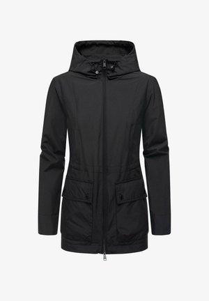 Musta vedenpitävä takki, jossa on vetoketju edessä, säädettävä huppu, kaksi etutaskua läpillä ja nyljätty vyötärö. Sileä rakenne ja monikäyttöinen muotoilu.