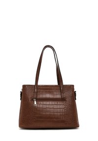 Borsa in pelle di coccodrillo marrone con due robuste maniglie, una tasca frontale con zip e una forma strutturata. Superficie testurizzata con finitura lucida.