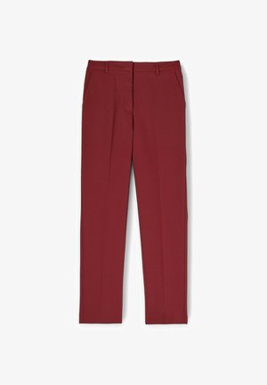 Pantaloni borgogna realizzati in tessuto morbido, con una vestibilità su misura, passanti per cintura e tasche laterali. Design a gamba dritta senza motivi visibili.