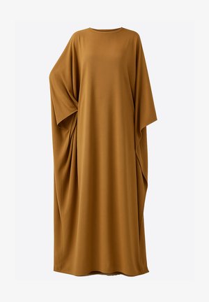 Kaftankleid in Bronze mit Drapierungsdesign, gefertigt aus weichem, glattem Stoff, mit weiten Ärmeln und rundem Ausschnitt.