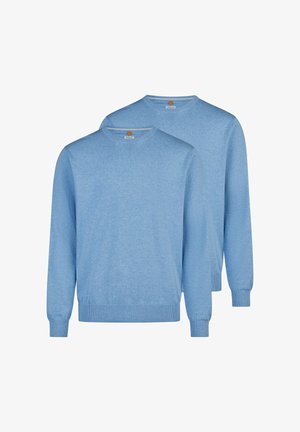 To lyseblå crewneck-trøjer med lange ærmer, ribkant ved ærmer og talje, vist side om side på en hvid baggrund.