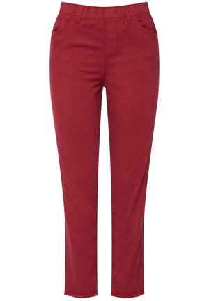 Rode stretchbroek met een elastische tailleband, voorzien van twee voorkruiden en een rechte pijpdesign. Gladde textuur en effen kleur.