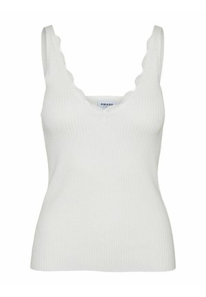 Valge soonikuga tank top, millel on v-kujuline kaelus ja lainelised servad. Valmistatud pehmest materjalist, sisaldab laiade rihmade ja sobiva silueti.