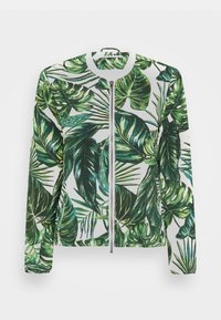 Langermige jack met ritssluiting met een groen-wit tropisch bladerenpatroon op een witte achtergrond.