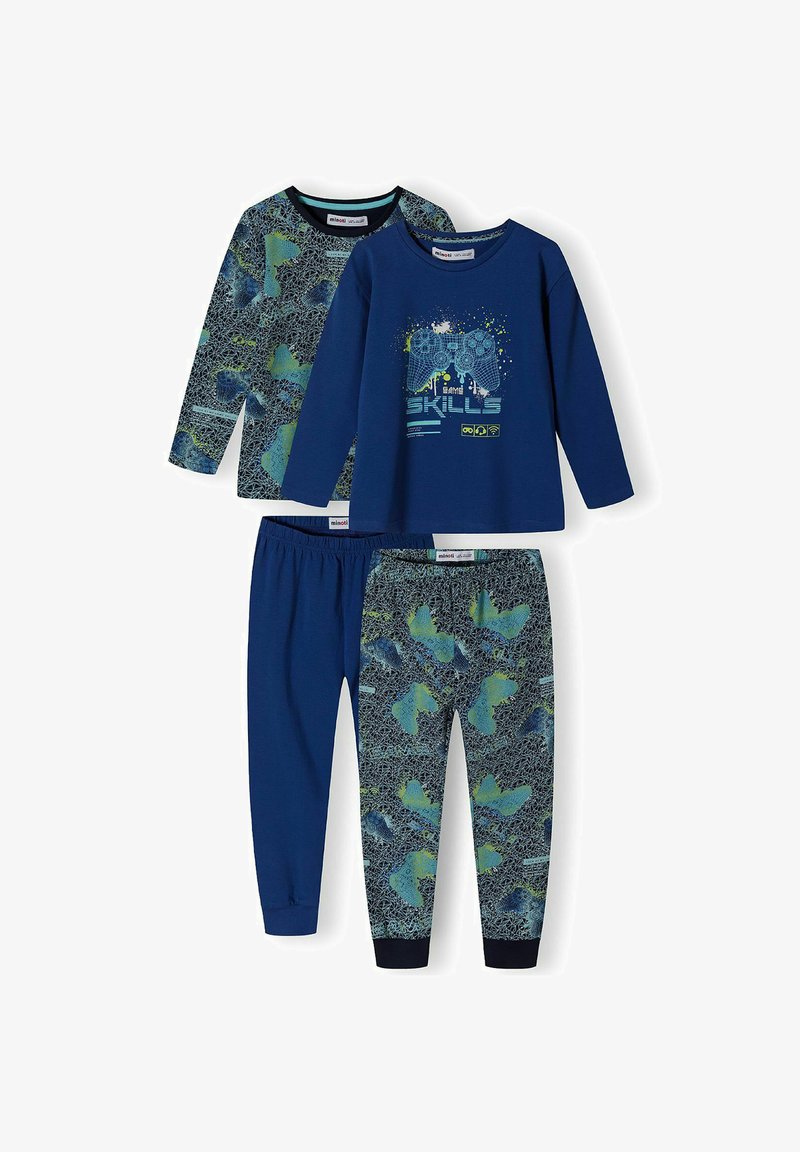 Navy children's pajama set with long-sleeve top featuring blue graphic and slogan; pants with green and blue abstract patterns. Made from soft fabric.