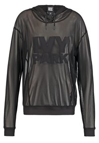 Sort net-hættetrøje med en fremtrædende "IVY PARK"-logo, lange ærmer, snøre i hætten og ribbet manchetter og kant. Tekstureret og let design.
