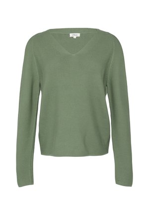Groene gebreide trui met een V-hals, lange mouwen en een relaxte pasvorm. Heeft een textuurpatroon en een geribde zoom.