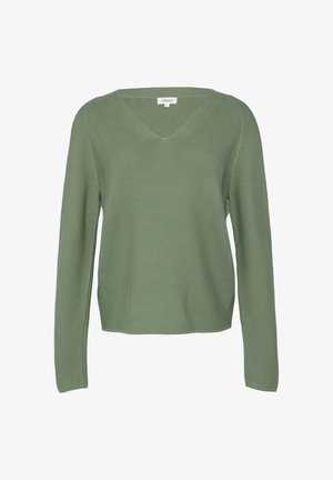 Žalias megztinis su V-formos iškirpte, ilgomis rankovėmis ir laisvu kirpimu. Yra tekstūruotas raštas ir ganas apdaila.