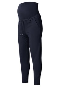 Dark navy maternity joggers with a stretchy, high-rise waistband, drawstring detail, side pockets, and tapered legs for a comfortable fit.