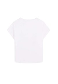 Camiseta corta blanca de manga corta con cuello redondo, hecha de una tela suave. Presenta un diseño simple sin patrones ni acentos visibles.