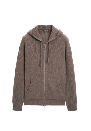 Brauner Rippenstrick Hoodie mit Reißverschluss vorne, Kapuze mit Kordelzug und zwei Fronttaschen. Hergestellt aus strukturiertem Strickmaterial.