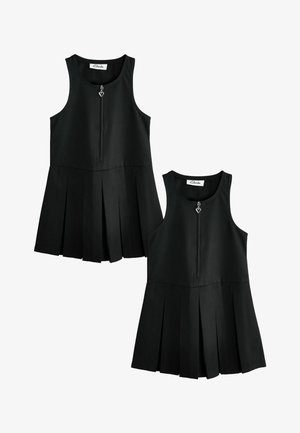 Vestidos negros sin mangas con pliegues, con cremalleras frontales y tiradores de cremallera en forma de corazón, vistos desde el frente y la parte trasera.
