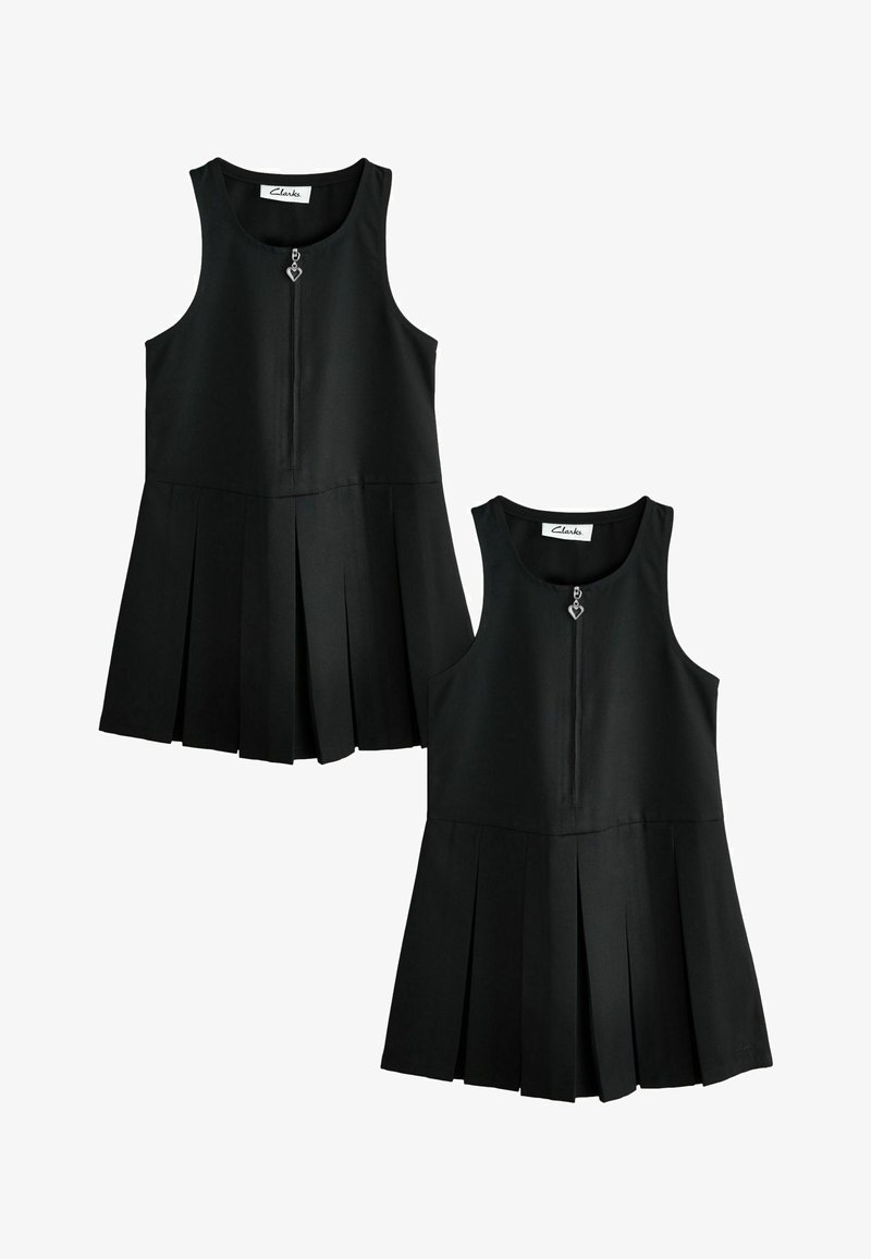Robes noires sans manches plissées avec fermetures éclair à l'avant et tirettes en forme de cœur, vues de face et de dos.