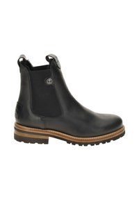 Black leather ankle boots with elastic side panels, round toe, decorative button, and a brown sole with ridges for traction.