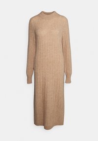 Robe beige à manches longues côtelées avec col montant. Texture tricotée, design ajusté, allant jusqu'au mollet. Manches avec poignets simples.