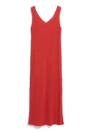 Rood geribbeld gebreid jurk met een diepe V-hals, mouwloos ontwerp en een lange, rechte silhoeet. Gladde textuur, lichtgewicht stof.