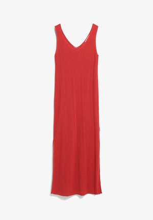 Rood geribbeld gebreid jurk met een diepe V-hals, mouwloos ontwerp en een lange, rechte silhoeet. Gladde textuur, lichtgewicht stof.