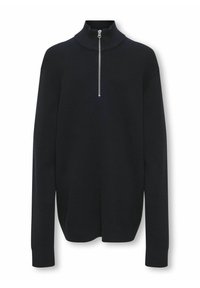 Mörk marinblå stickad tröja med hög krage och dragkedja framtill. Har långa ärmar och ribbad textur, med åtsittande manschetter och nederkant.