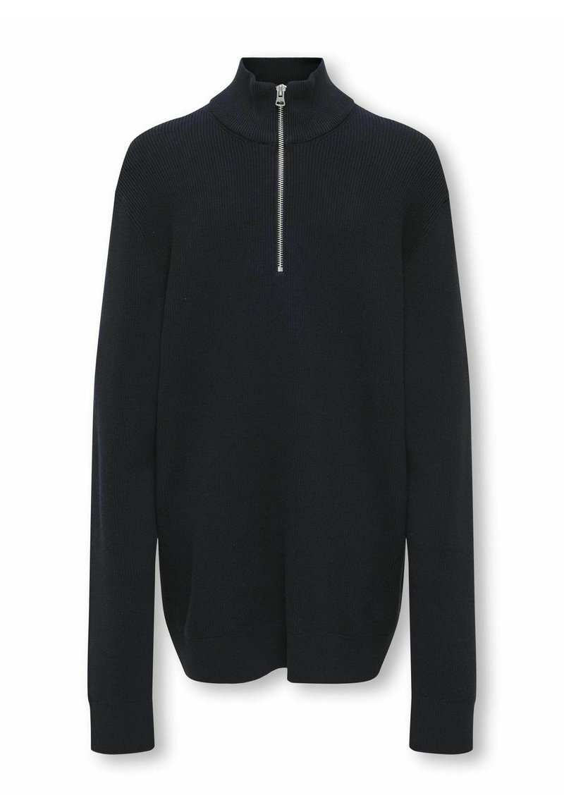Mörk marinblå stickad tröja med hög krage och dragkedja framtill. Har långa ärmar och ribbad textur, med åtsittande manschetter och nederkant.