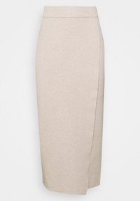 Beige midi sukně vyrobená z měkké, texturované látky. Má překládaný design a přiléhavý pas, s čistým, jednoduchým střihem.