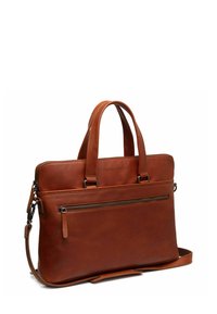 Sacoche pour ordinateur portable en cuir brun avec doubles poignées, bandoulière amovible, poche zippée à l'avant et texture lisse.