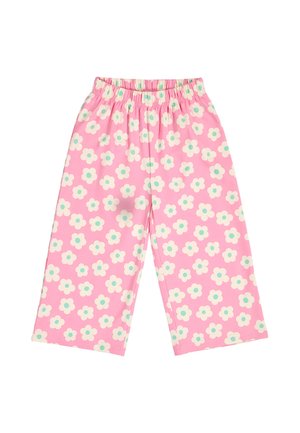 Rosa Hose mit weitem Bein und elastischem Bund, mit einem weißen und türkisfarbenen Gänseblümchen-Blumenmuster.