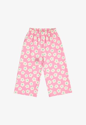 Roze broek met wijde pijpen en een elastische tailleband, met een witte en turquoise madeliefjesbloemenpatroon.