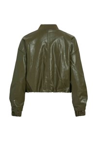 Olivegrüne Kunstleder-Bomberjacke mit cropped Design, geripptem Kragen und elastischen Bündchen. Glatte Textur mit glänzendem Finish.