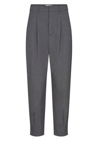 Gray tailored trousers with a high waist, front pleats, and a tapered leg. Made from textured fabric with a clean finish.