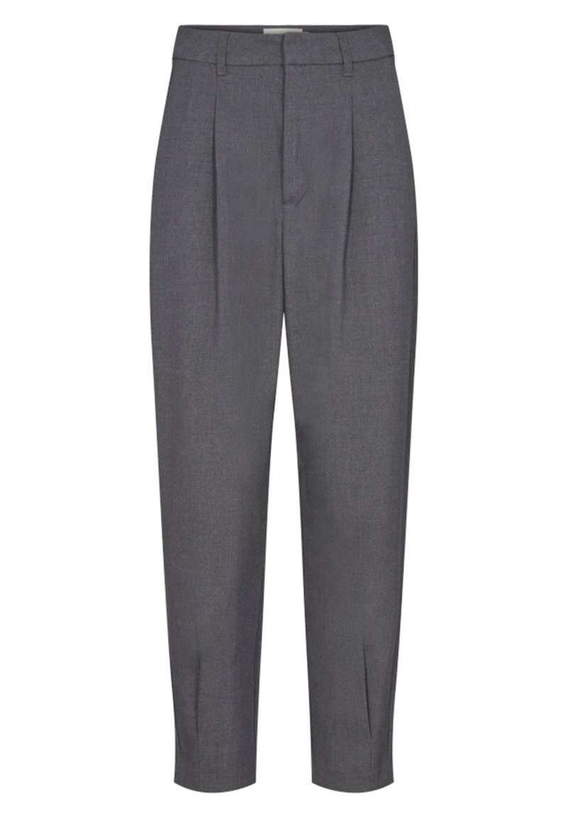 Gray tailored trousers with a high waist, front pleats, and a tapered leg. Made from textured fabric with a clean finish.
