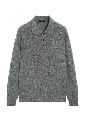 Grå strikket polo-sweater med en tekstureret finish, tre knapper i stolpelukning og en klassisk krave. Lange ærmer og ribbet kant.