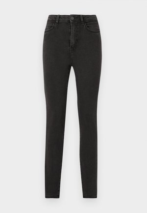 Black skinny jeans made of denim with a high waist, featuring a button closure, belt loops, and minimal stitching details.
