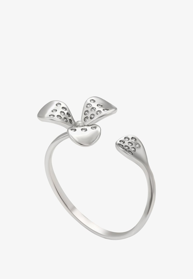 Ezüst karkötő virágmintával, három szirmot formázó elemmel, mindegyik tiszta strasszokkal díszítve, sima pánttal.