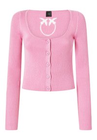 Roza rebrasta kardigan s dugim rukavima, izrezom u obliku lopte, dugmadi sprijeda i bijelim osmijehom na prsima. Mekana tekstura, prilagođeni oblik.